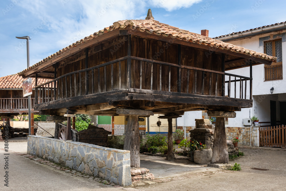 Spain; Sep 20: Hórreo, traditional granary from the North of Spain, built in wood and stone on four pillars that raise the horreo from the floor. Its main feature is ventilation. Asturias, North Spain