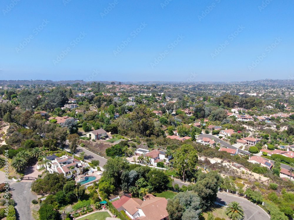 Aerial view of large-scale villa in wealthy residential town Encinitas, South California, USA. 