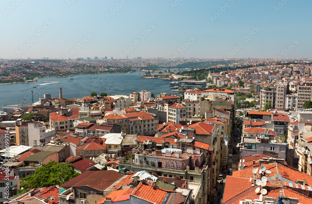 Istanbul, Turkey / May 9, 2016: City skyline view of Istanbul from Galata tower, old houses in Beyoglu district and Golden Horn landscape.