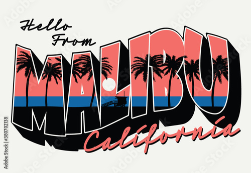 Malibu Illustration Slogan Mix Summer Print For Apparel