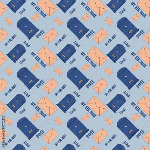 Seamless pattern background with envelopes and blue letterboxes. Mail service wallpaper design. World post day. Template for kids textile, pajamas, souvenir products.