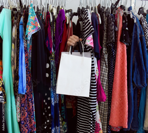 Woman Holding Blank Shopping Bag in Rack