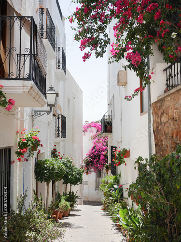 Typical street of white Andalusian village, spain, with flower pots and greenery, located on Mojacar, Almería. photo