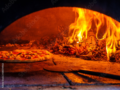 wood fired pizza in oven