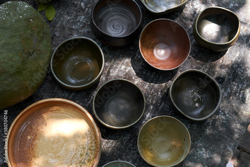 Close-up ceramics, fired in a wood-fired kiln photo