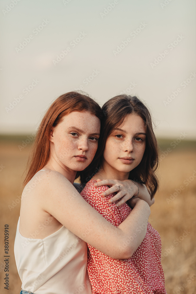 Portraits of two teenagers friends at sunset, Minsk Belarus. Portraits of two teenagers friends at sunset, Minsk Belarus.