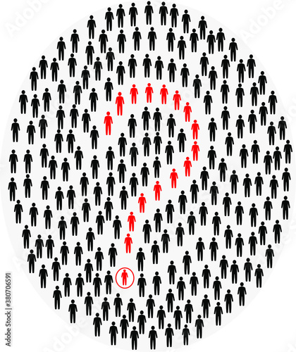 Silhouettes of a crowd of people, inside the crowd a question mark in red. Can be used for design problems of society, presentations, business projects and more