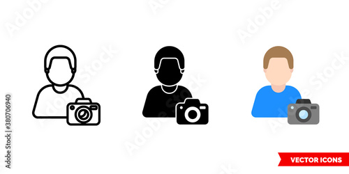 Photographer cameraman icon of 3 types color, black and white, outline. Isolated vector sign symbol.