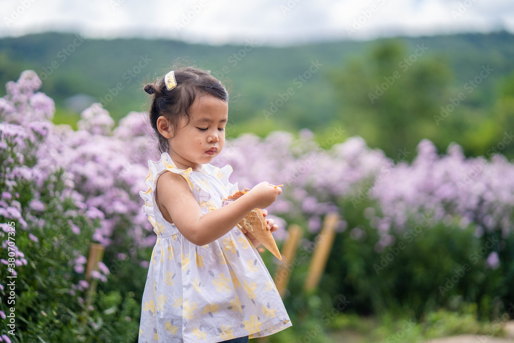 Little girl eating soft ice against Beautiful blossom Violet Margaret Flower field. Little girl eating soft ice against Beautiful blossom Violet Margaret Flower field.