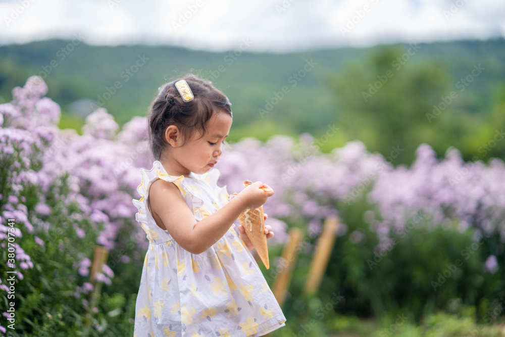Little girl eating soft ice against Beautiful blossom Violet Margaret Flower field. Little girl eating soft ice against Beautiful blossom Violet Margaret Flower field.
