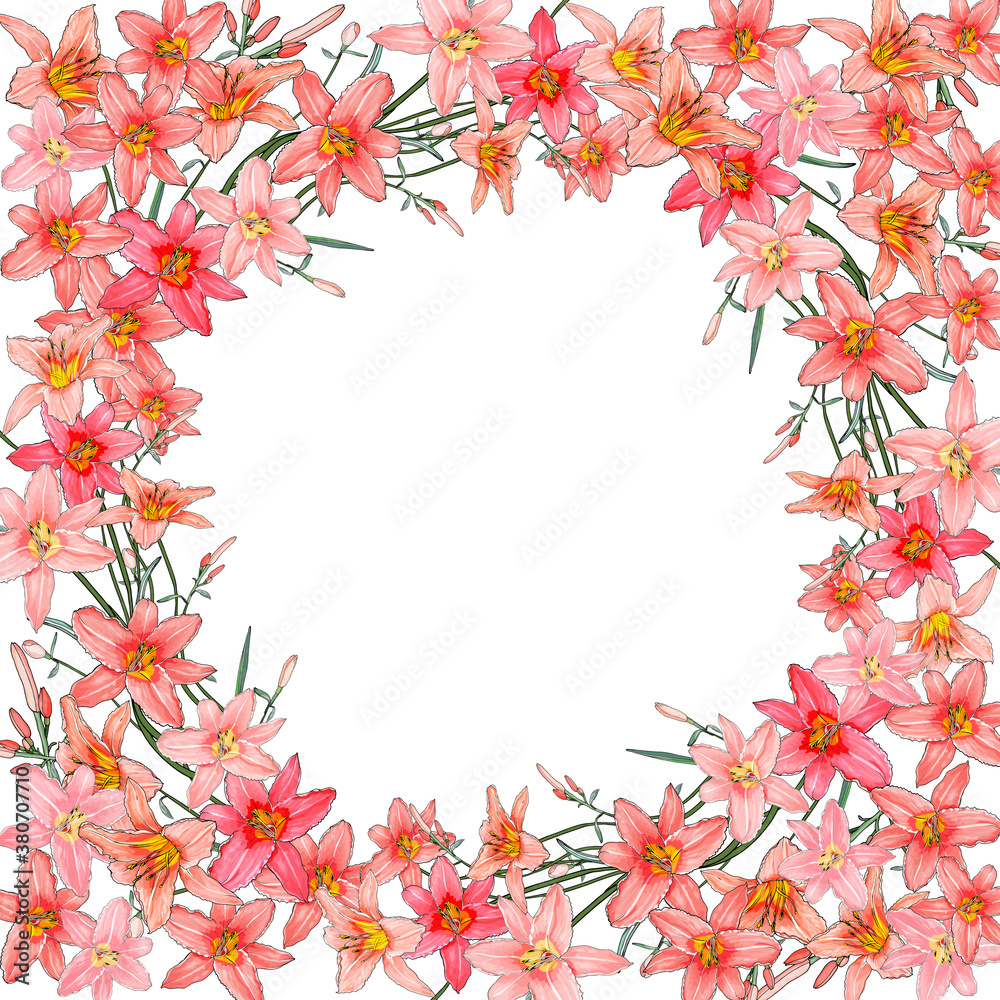 Floral frame with pink lilies on white background. Design for your wedding, birthday, saving the date card. For greeting card decoration. Vector illustration. Floral frame with pink lilies on white background. Design for your wedding, birthday, saving the date card. For greeting card decoration. Vector illustration.