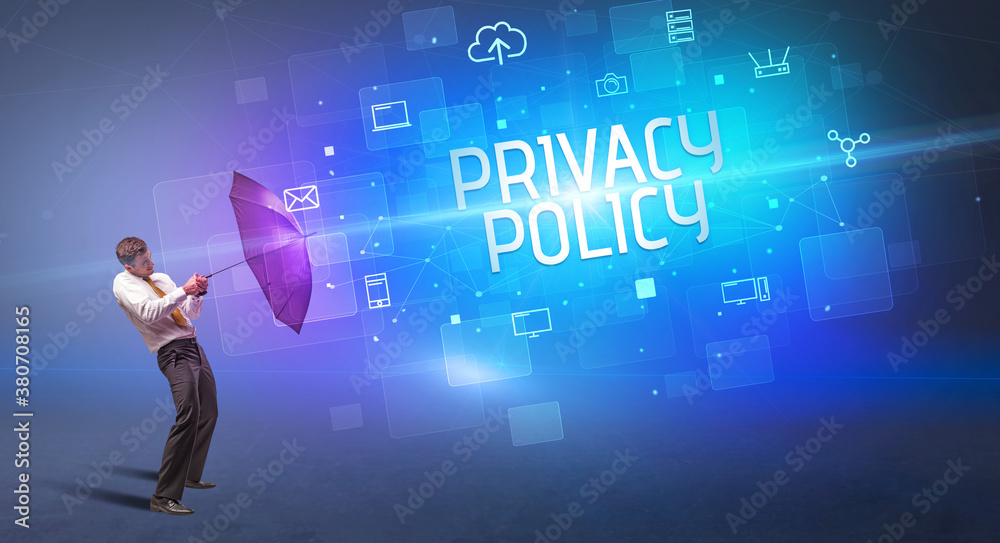 Businessman defending with umbrella from cyber attack and PRIVACY POLICY inscription, online security concept Businessman defending with umbrella from cyber attack and PRIVACY POLICY inscription, online security concept