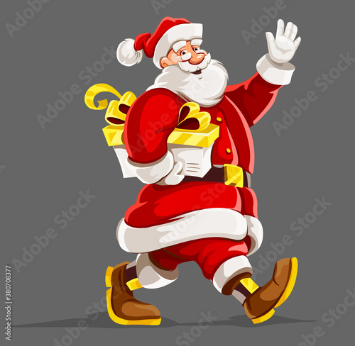Christmas holiday. Santa Claus with christmas gift walking and waving hand. Isolated on gray background. Illustration.