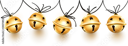 Christmas holiday decoration garland of golden jingle bells on the rope. Festive seamless pattern with banner with realistic bronze sleigh bells handing for christmas greeting card. Illustration.