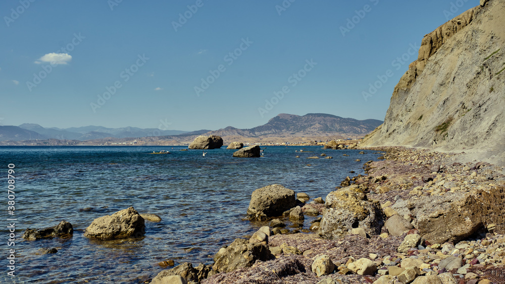 Rocky coast of Cape Meganom. Black Sea, Crimea peninsula.