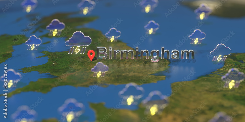 Stormy weather icons near Birmingham city on the map, weather forecast related 3D rendering Stormy weather icons near Birmingham city on the map, weather forecast related 3D rendering