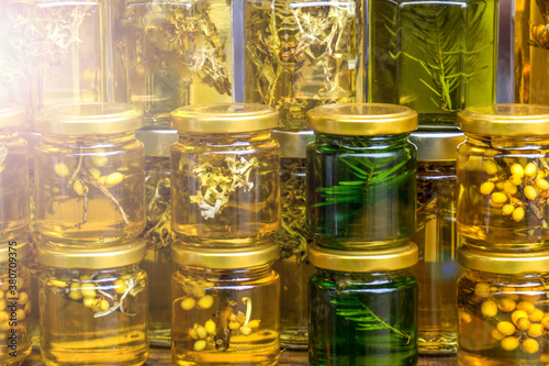 jars with medicinal tinctures of pine, sea buckthorn and herbs. background