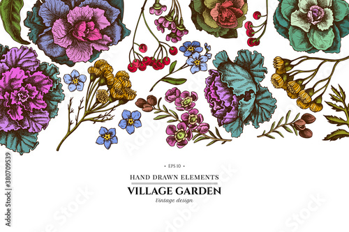 Floral design with colored wax flower, forget me not flower, tansy, ardisia, brassica, decorative cabbage