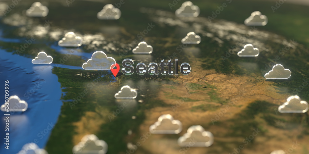 Seattle city and cloudy weather icon on the map, weather forecast related 3D rendering Seattle city and cloudy weather icon on the map, weather forecast related 3D rendering