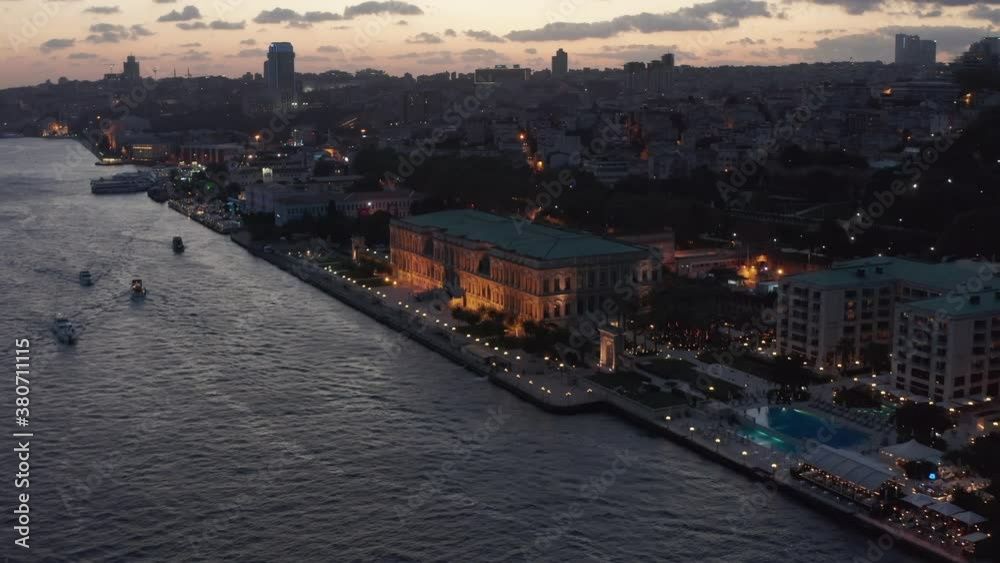 Beautiful Ciragan Palace Kempinski on Riverside of Bosphorus in Istanbul at Dusk, Aerial View Beautiful Ciragan Palace Kempinski on Riverside of Bosphorus in Istanbul at Dusk, Aerial View
