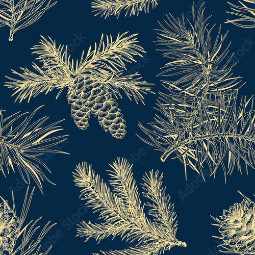 Botanical abstract seamless pattern with conifers. Christmas print. Vector illustration. Classic blue background and golden pattern.
