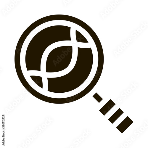 Magnifier Glass Molecule Lab Biomaterial glyph icon . Biology And Science Flasks, Bioengineering, Dna And Medicine Biomaterial Pictogram. Monochrome Illustration