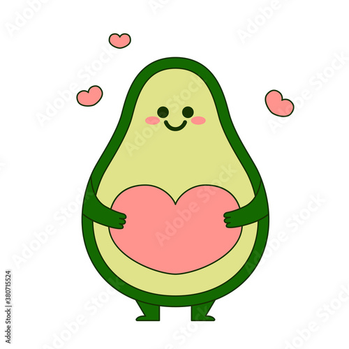 Cute avocado holding a pink heart isolated on white background. Flat design for poster or t-shirt. Vector illustration