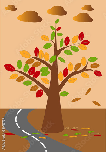 Árbol de otoño cayéndosele las hojas cerca de una carretera o autovía o autopista