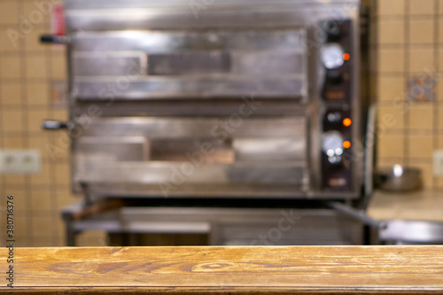 pizza oven in focus and bar in the foreground in focus. copy space