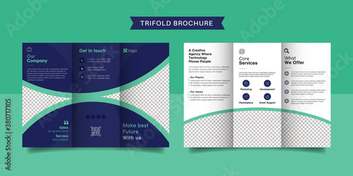 Corporate business trifold brochure template. Modern, Creative and Professional tri fold brochure vector design. Simple and minimalist promotion layout with blue and green color.