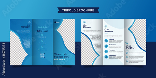 Corporate business trifold brochure template. Modern, Creative and Professional tri fold brochure vector design. Simple and minimalist promotion layout with blue and navy color.