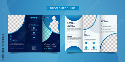 Corporate business trifold brochure template. Modern, Creative and Professional tri fold brochure vector design. Simple and minimalist promotion layout with blue and navy color.