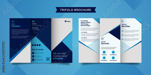 Corporate business trifold brochure template. Modern, Creative and Professional tri fold brochure vector design. Simple and minimalist promotion layout with blue and navy color.