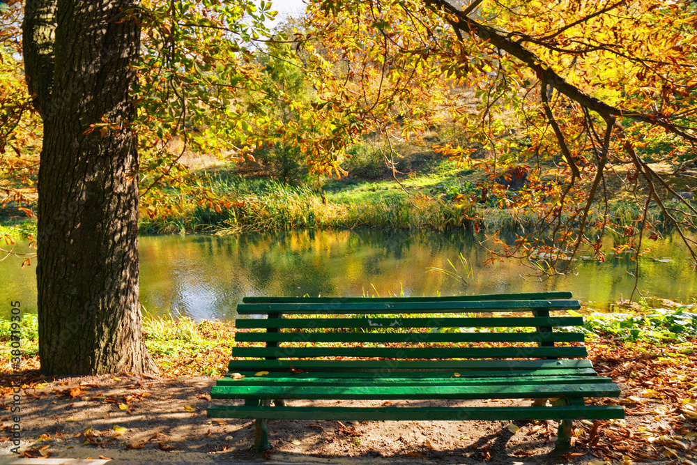 Green garden bench near lake in autumn Sofievka park, Ukraine, Uman Green garden bench near lake in autumn Sofievka park, Ukraine, Uman