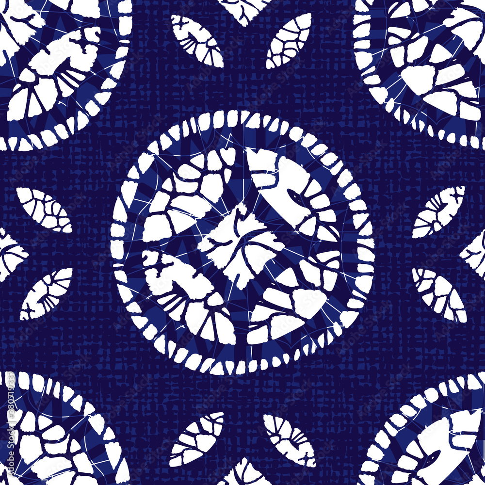 Vector blue shibori quilt round circle seamless pattern with canvas background. Suitable for textile, gift wrap and wallpaper.