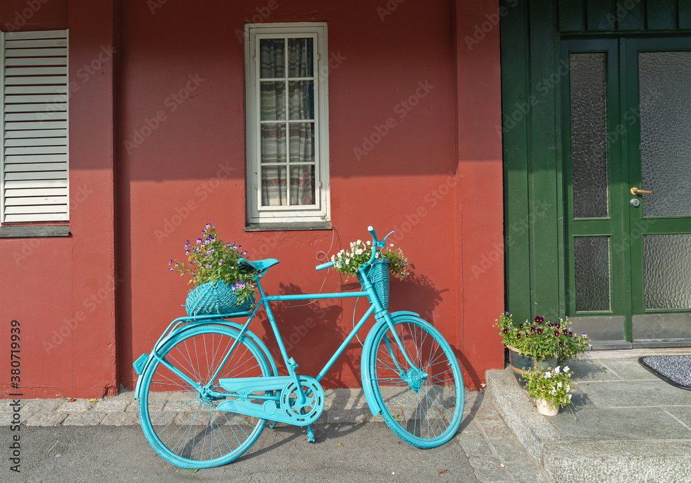 Bicycle near traditional Scandinavian house, Norway