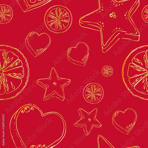 Christmas pattern: golden contour elements on a red background, poinsettia, snowflakes, gift, gingerbread in the shape of a heart and a star, orange. Handmade doodle, vector.