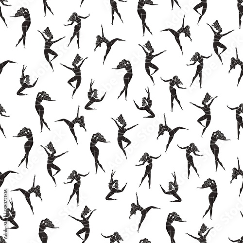 Seamless pattern with dancing girl poses. Female character in different choreographic positions in sportswear. Black and white vector illustration.