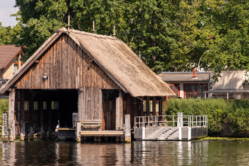 Thatched wooden boat house