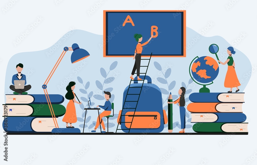 Naklejka premium Big backpack, teacher speaking and student with laptop. Education and classroom concept. Vector isolated illustration.