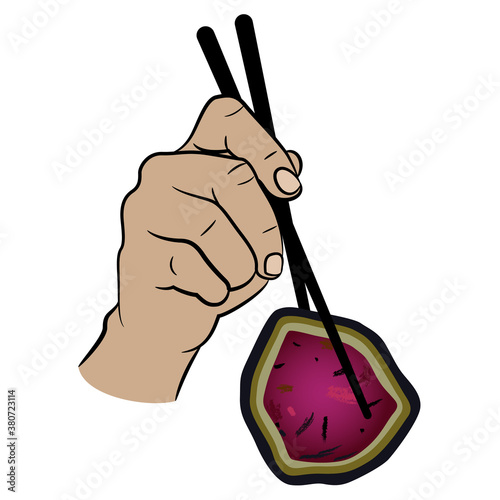 Human hand holding slice of watermelon tourmaline with chopsticks. Creative concept for draining nature resources.
