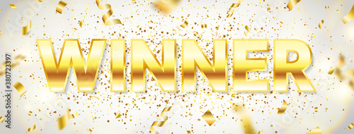 Fotografie, Obraz Winner gold text with flying confetti, glitter and glowing lights