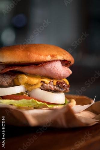 Gourmet burger in take away wrapper