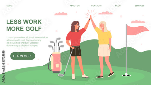 Happy young female friends celebrating win hit at hole by ball. Smiling women playing golf together isolated on white. Sportswoman taking part at competition. Flat vector illustration