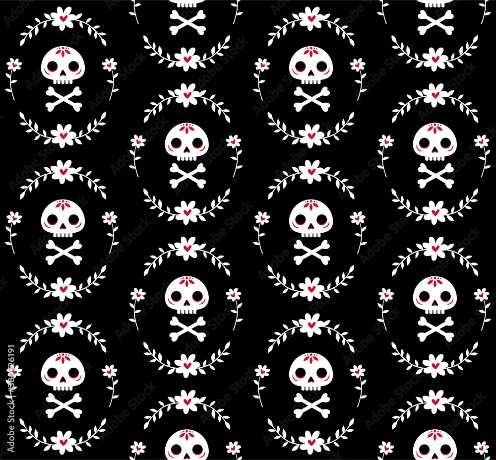 Seamless pattern with skull and bones surrounded by a wreath of flowers. Cute pattern in flat style with human scoop painted in calavera style. For wallpaper, backgound, wrapping paper, textile. Seamless pattern with skull and bones surrounded by a wreath of flowers. Cute pattern in flat style with human scoop painted in calavera style. For wallpaper, backgound, wrapping paper, textile.