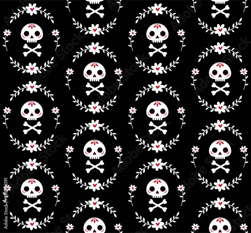 Seamless pattern with skull and bones surrounded by a wreath of flowers. Cute pattern in flat style with human scoop painted in calavera style. For wallpaper, backgound, wrapping paper, textile.