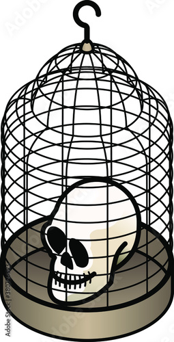 A skull locked in a plain wire birdcage. Life sentence / life imprisonment concept.
