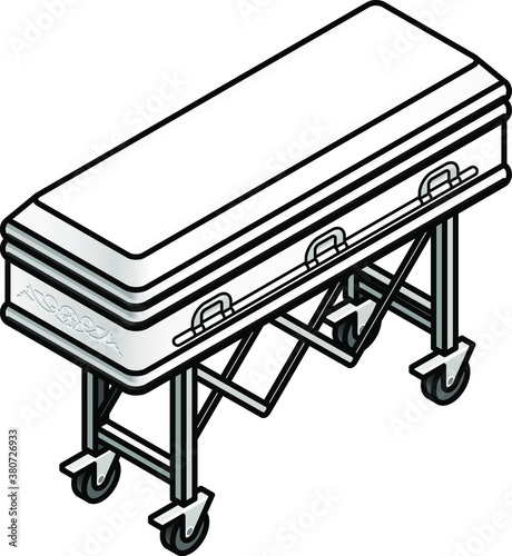 A white coffin on a trolley.
