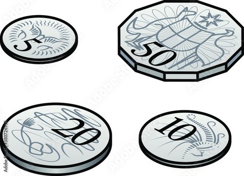 Stylised Australian AUD cent coins. 5, 10, 20 and 50 cents.