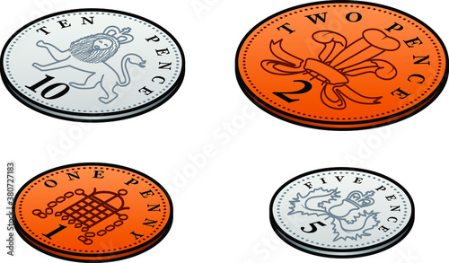 Stylised UK sterling low value penny coins. 1, 2, 5, 10 pence.